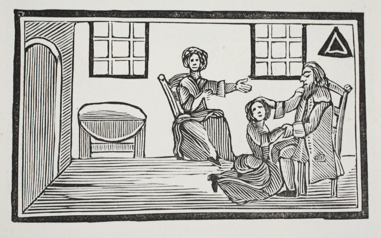 Kaunis Bessie saa isiensä siunauksen, kun hän aikoo etsiä omaa toimeentuloaan, kuvitus John Ashtonin pubista Chap-books of the Eighteenth Century. 1882 tekijältä English School