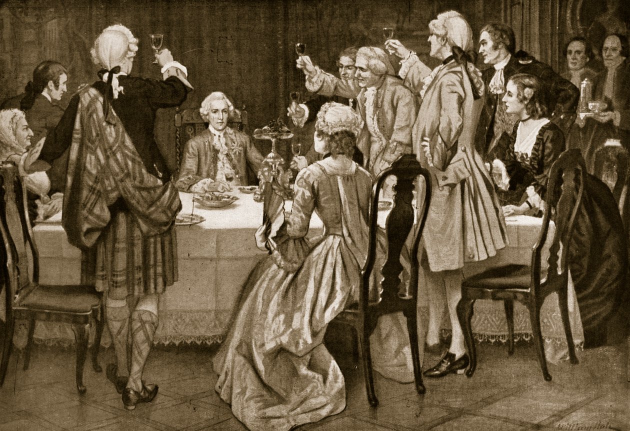 Prinssi Charles Edward Holyroodissa, kuvitus teoksesta Hutchinsons Story of the British Nation, n. 1923 tekijältä English School