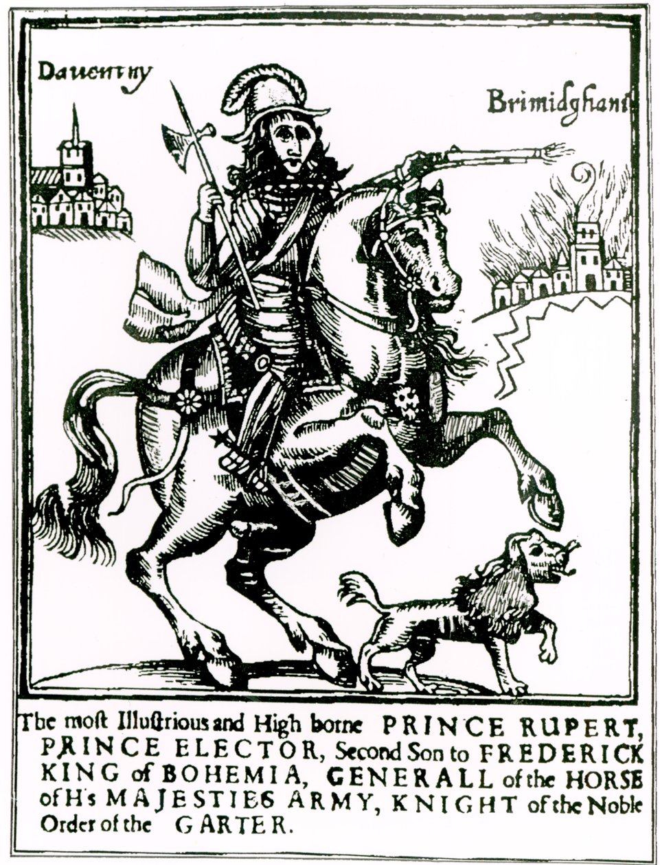 Prinssi Rupert hevosen selässä (kaiverrus) (bw kuva) tekijältä English School