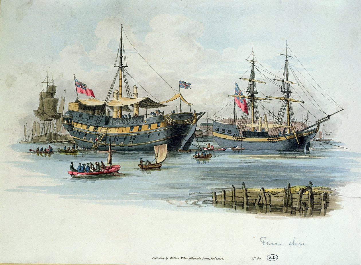 Vankilaivat, joita britit käyttivät Napoleonin sotien aikana ranskalaisten vankien majoittamiseen, 1805 (värikaiverrus) tekijältä English School