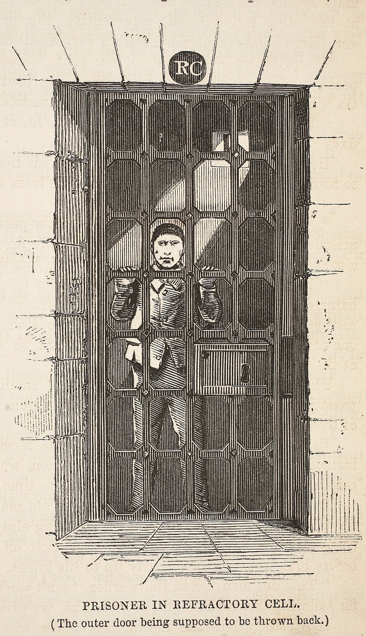 Prisoner in Refractory cell (ulkoovi on tarkoitus heittää takaisin), kuvitus Lontoon rikosvankiloista ja Henry Mayhew