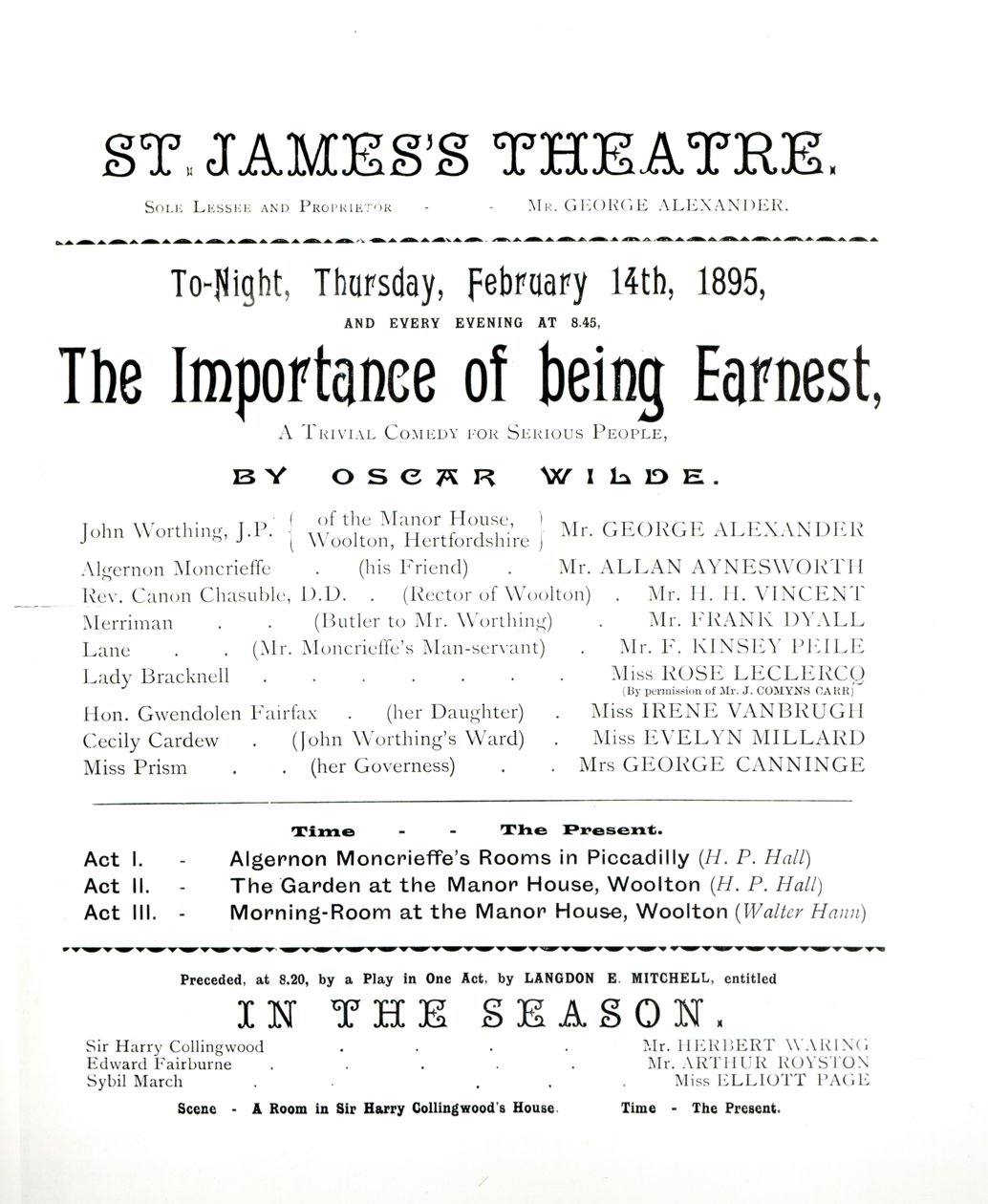 Ohjelma Oscar Wilden (1854-1900) The Importance of Being Earnest -esitykseen St. James Theatressa 14. helmikuuta 1895 tekijältä English School