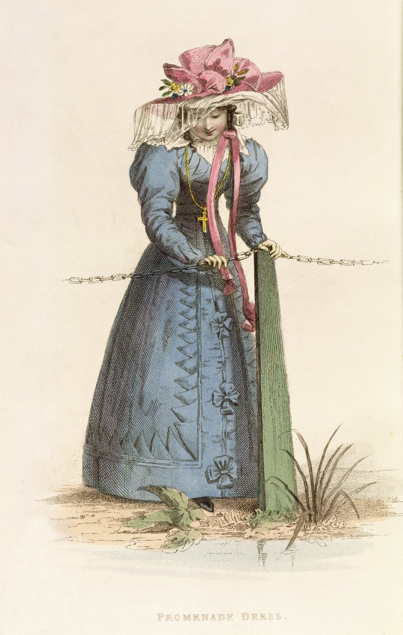 Promenade-mekko, muotilevy Ackermanns Repository of Artsilta, n. 1825 tekijältä English School