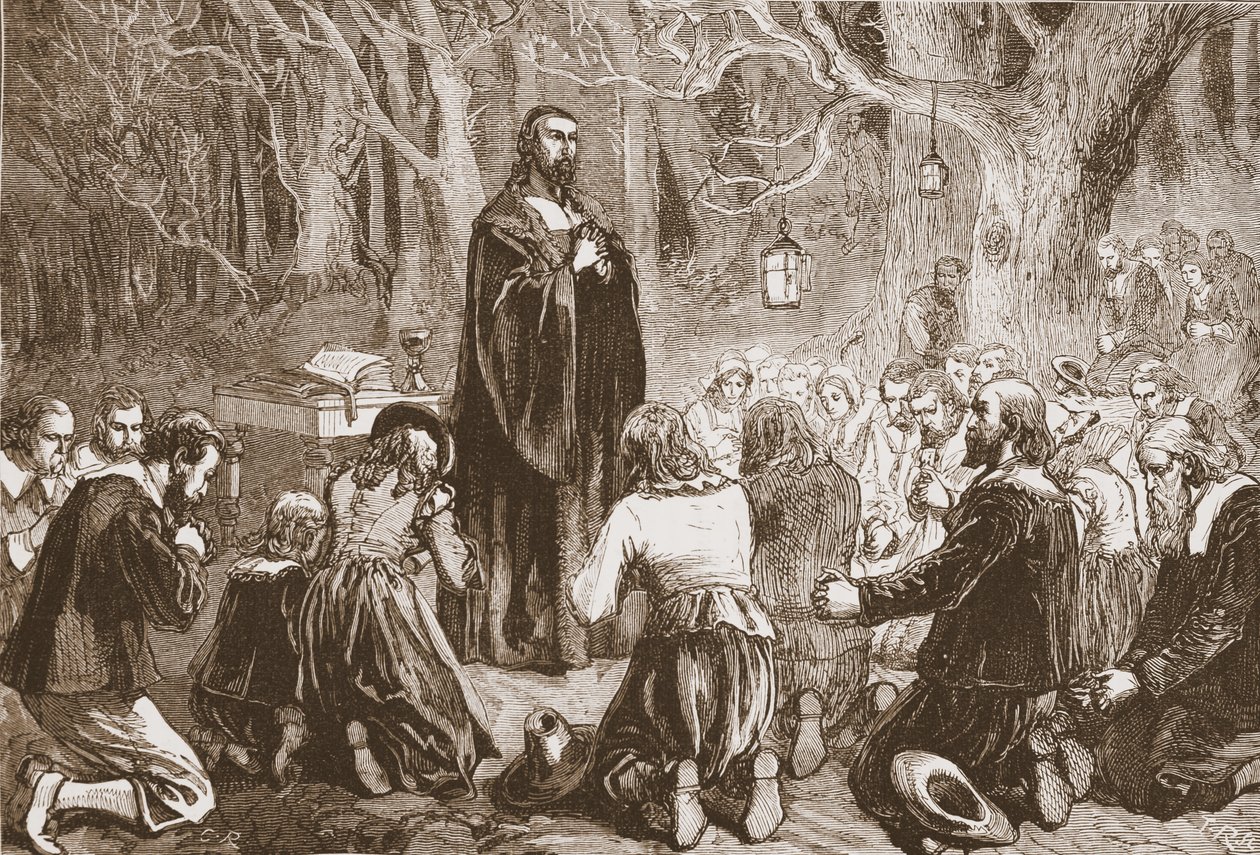 Protestanttinen jumalanpalvelus yöllä aavikon kirkossa, kuvitus James Aitken Wylien (1808-1890) teoksesta The History of Protestantism, pub. 1878 tekijältä English School