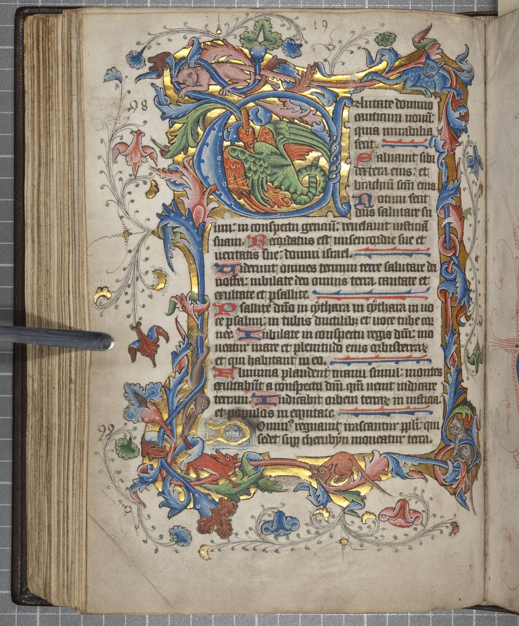 Psalteri Sarumilla käyttökalenteri, Fol 72 verso, n. 1425-1475 (mustetta, maalia ja kultaa velumilla) tekijältä English School