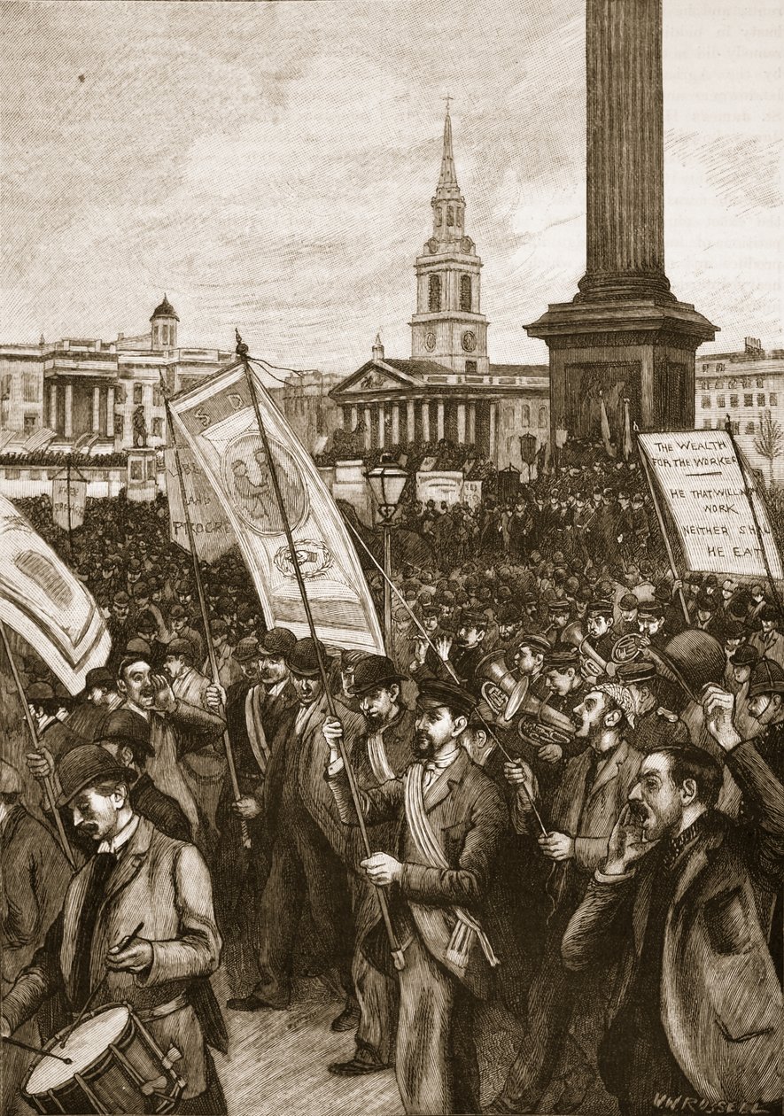 Julkinen kokous Trafalgar Squarella verisen sunnuntain muistoksi 1892, kuvitus Cassells Illustrated History of Englandista (seepiakuva) tekijältä English School