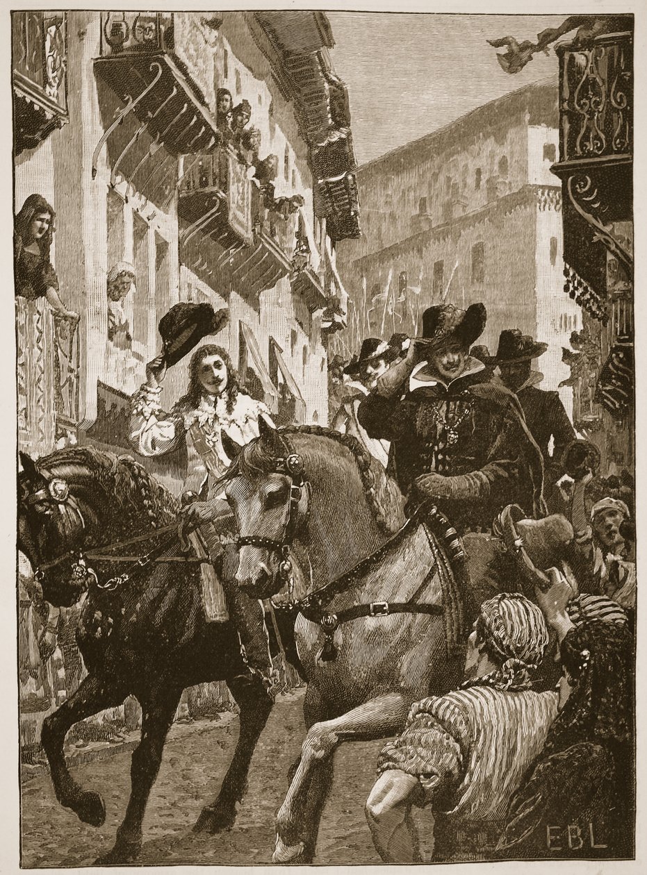 Prinssi Charlesin julkinen vastaanotto Madridissa, kuvitus Cassell Illustrated History of Englandista (seepiakuva) tekijältä English School
