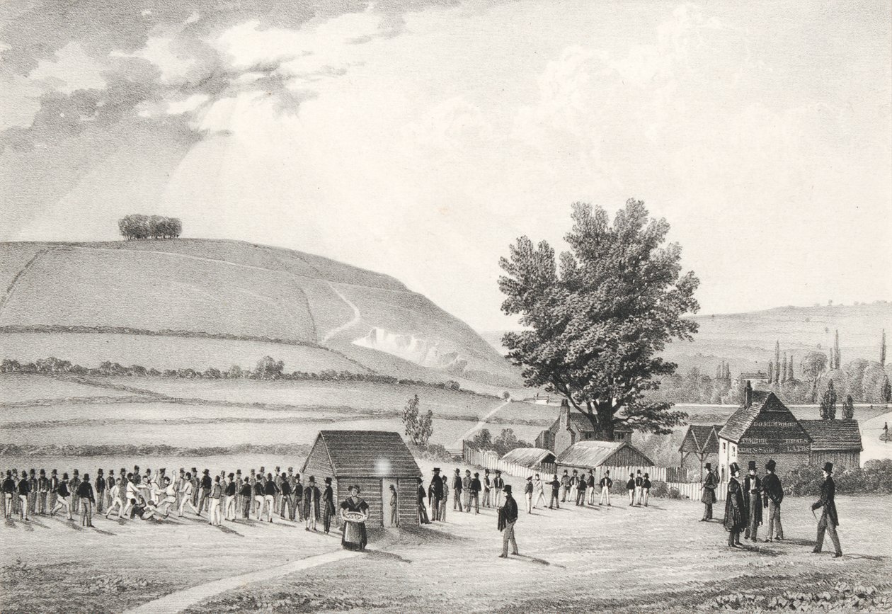 Julkisen koulun pojat (Charterhouse) pelaavat jalkapalloa (bw litho) tekijältä English School