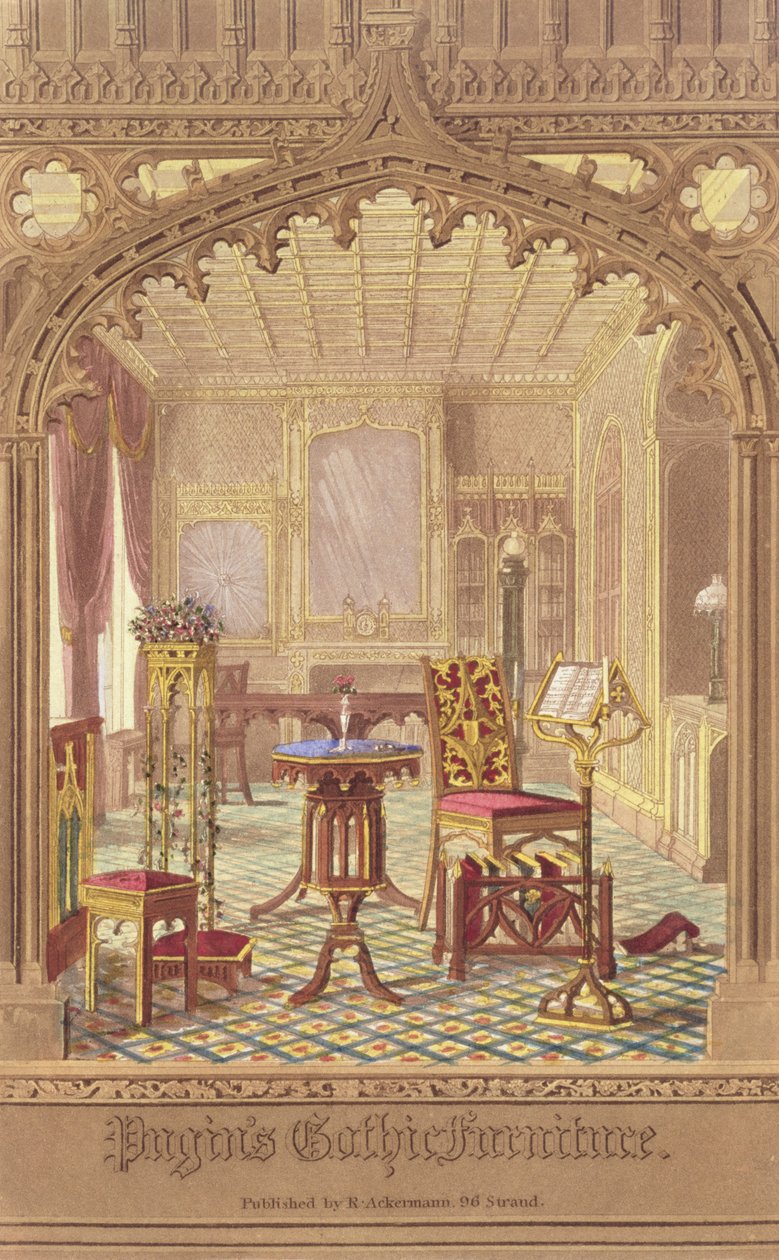 Pugins Gothic Furniture, Augustus Charles Pugin (1762-1832), julkaisija R. Ackermann, 1827 tekijältä English School