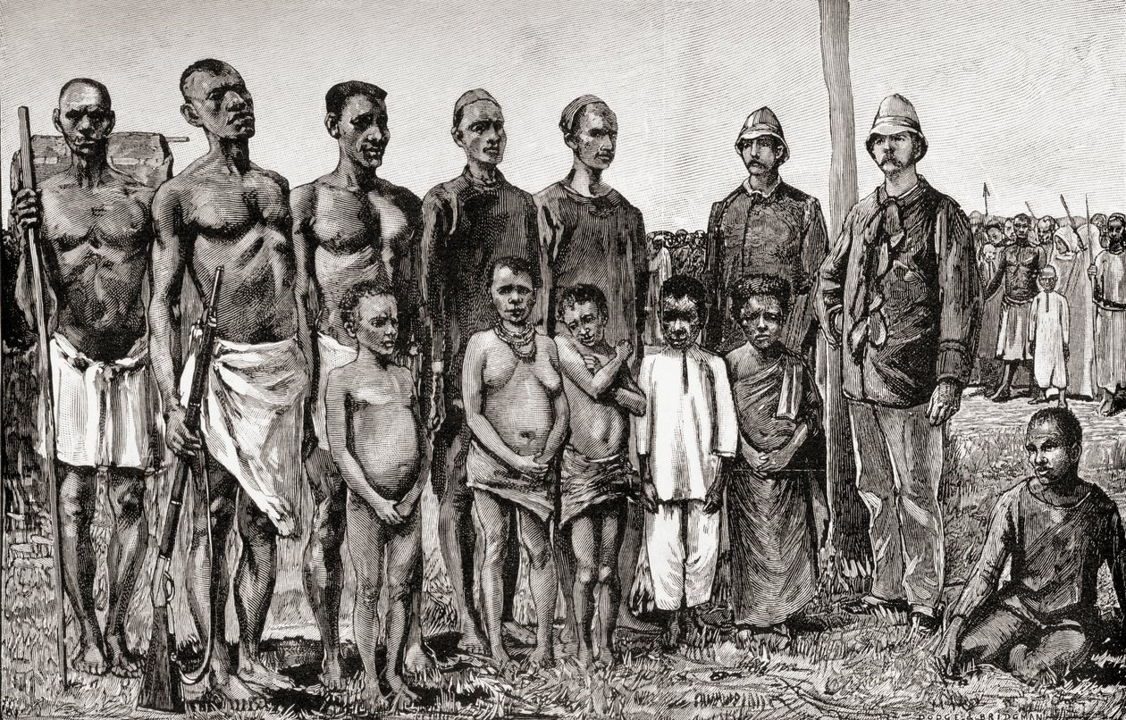 Pygmy-syntyperäiset verrattuna englantilaisiin upseereihin, sudanilaisiin ja sansibarisiin, 1890 (puukaiverrus) tekijältä English School