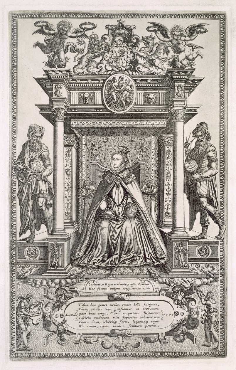 Kuningatar Elisabet I (1533-1603) maantieteen ja tähtitieteen suojelijana, Englannin Saxon Maps of Englandin etukappale, 1579 tekijältä English School