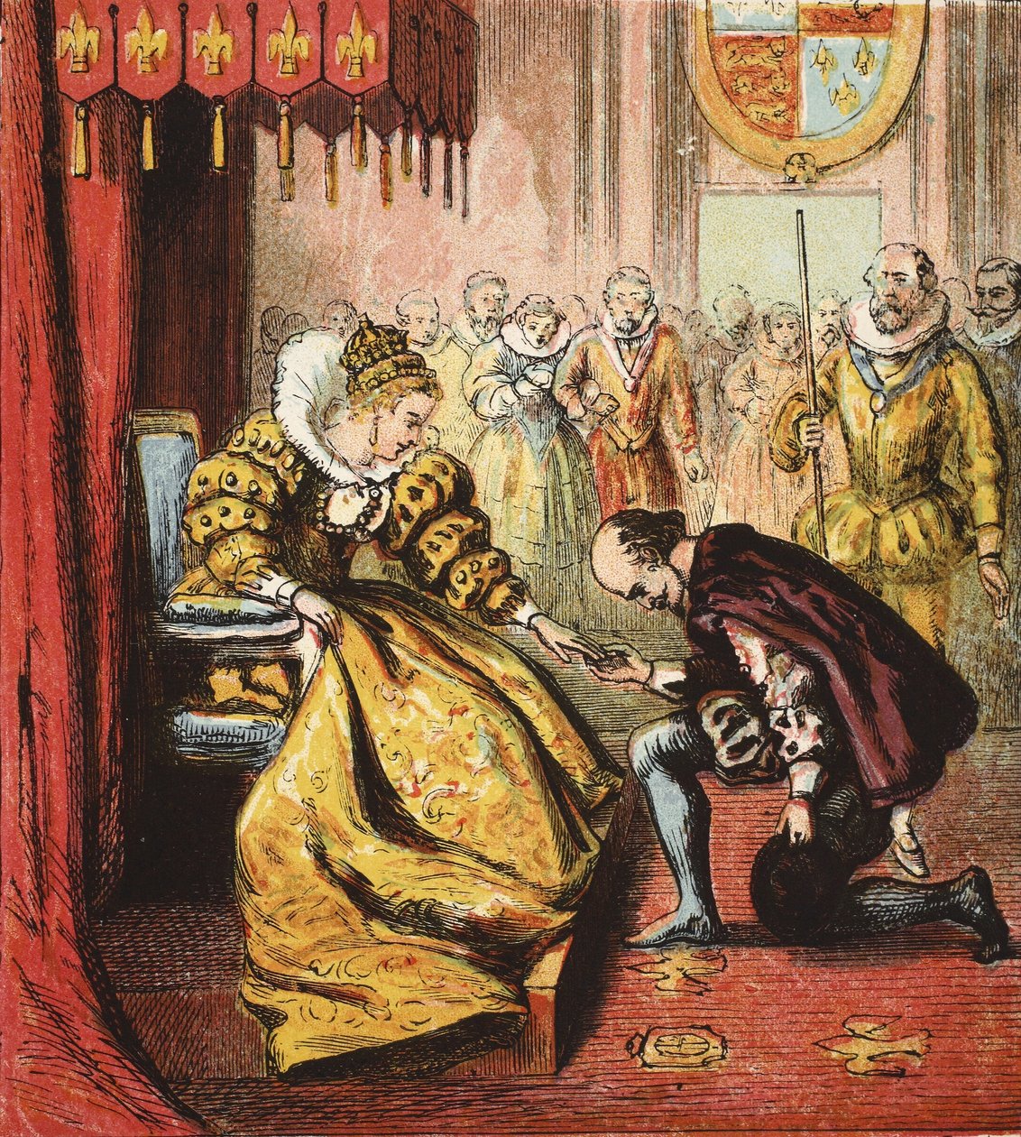 Kuningatar Elizabeth I ja Shakespeare, pubi. 1890 (värikaiverrus) tekijältä English School
