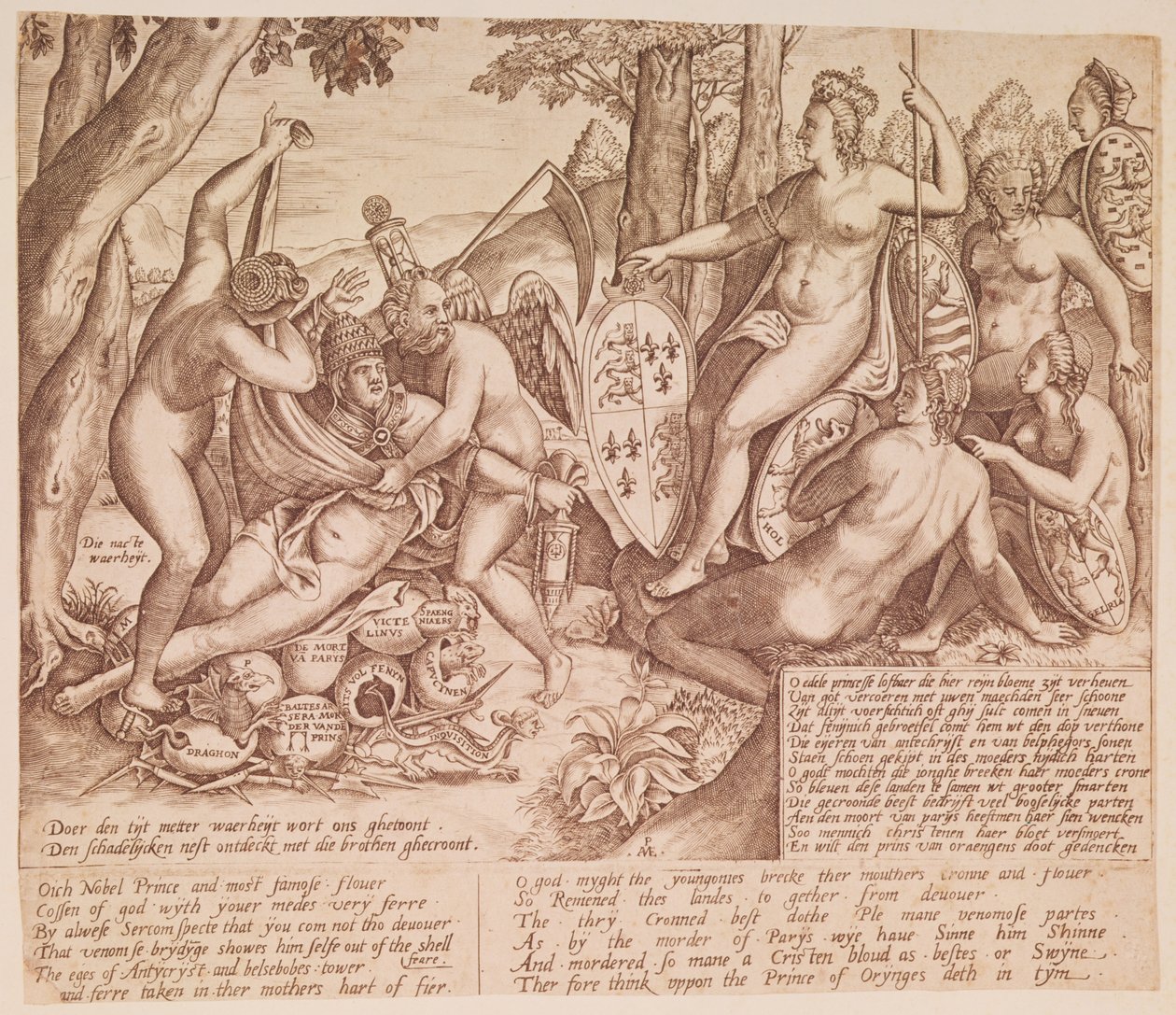 Englannin kuningatar Elisabet I jumalattarena Dianana, joka istuu tuomitsemassa paavi Gregorius XIII:n. tekijältä English School