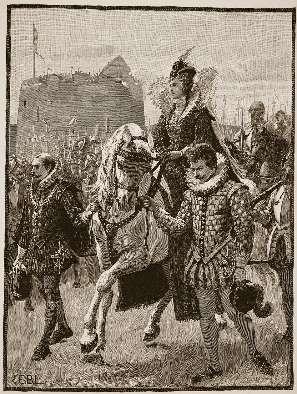 Kuningatar Elisabet Tilburyssa, kuvitus Cassells Illustrated History of Englandista (seepiakuva) tekijältä English School