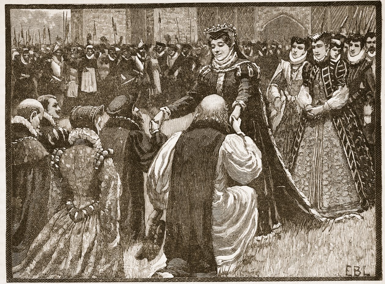 Queen Mary ja valtion vangit tornissa, kuvitus Cassells Illustrated History of Englandista (seepiakuva) tekijältä English School