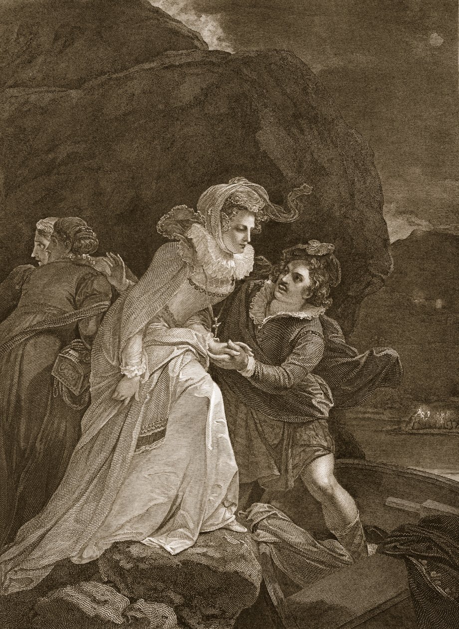 Kuningatar Mary pakenee Loch Levenin linnasta, kuvitus David Humelta Englannin historia, pubi. R. Bowyer, Lontoo, 1812 tekijältä English School