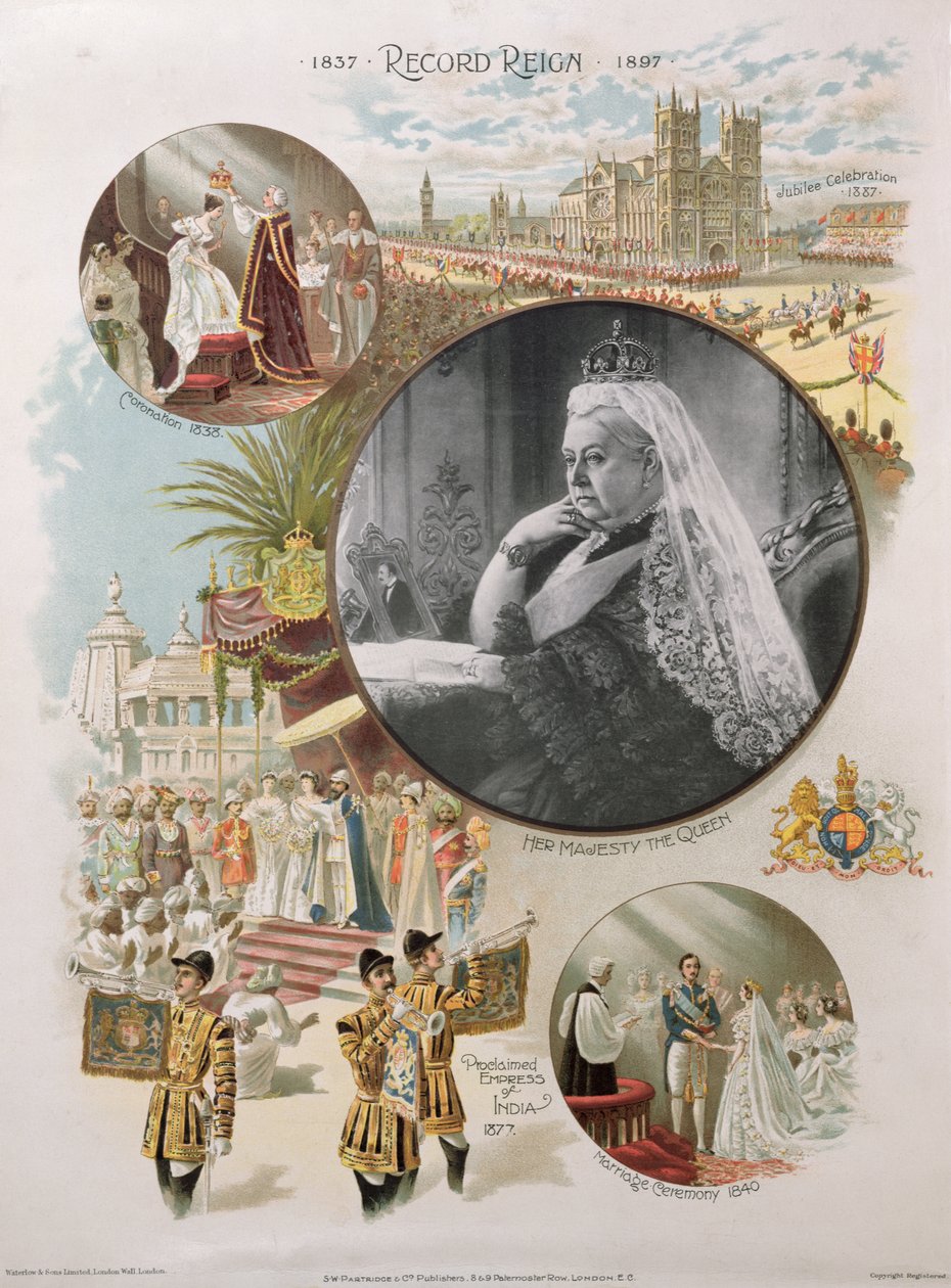 Kuningatar Victoria (1819-1901) kuvattuna timanttijuhlavuoden 1897 aikana yhdessä hänen elämänsä tärkeimpien tapahtumien kanssa, 1897 tekijältä English School