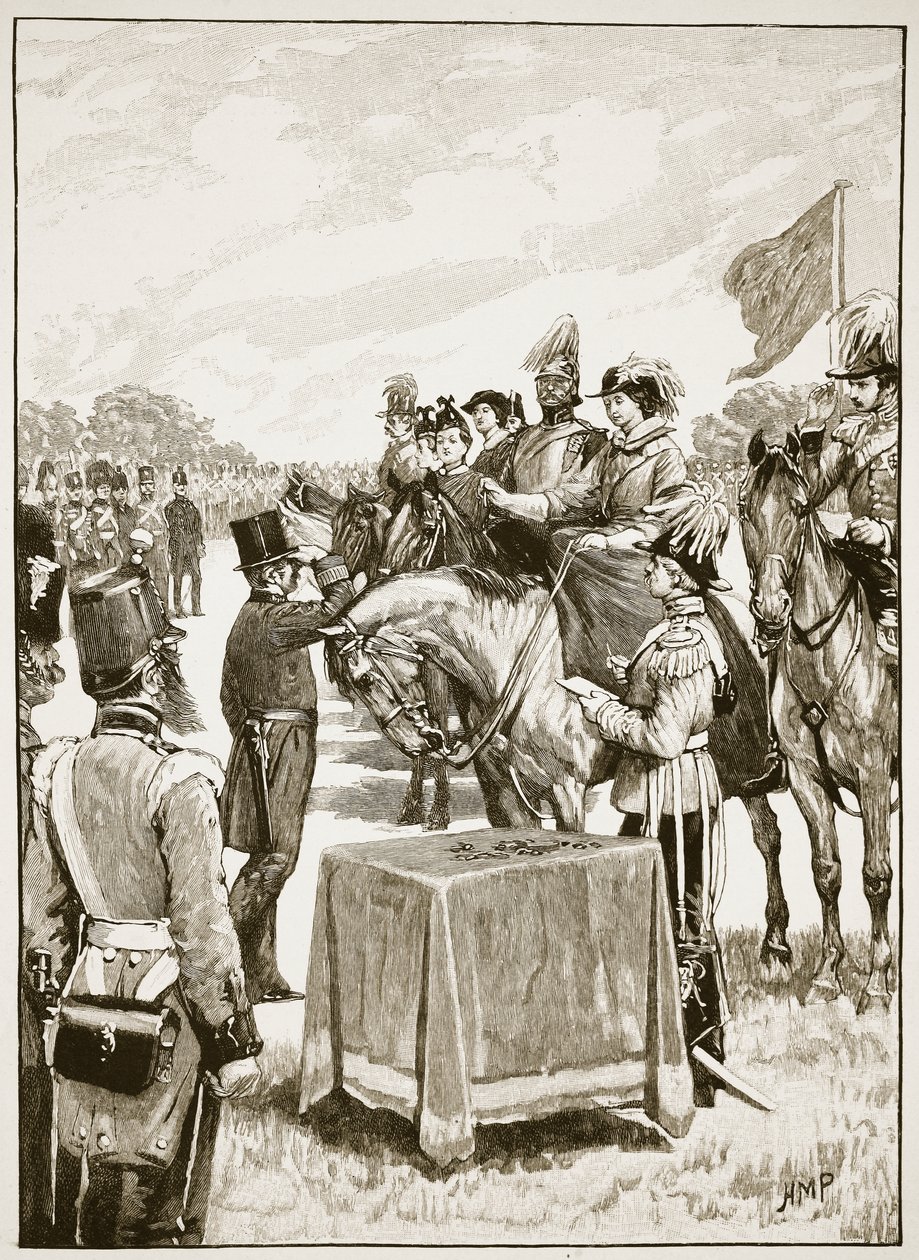 Kuningatar Victoria Victoria Crossin ensimmäisessä esittelyssä, kuvitus Cassells Illustrated History of Englandista (seepiakuva) tekijältä English School