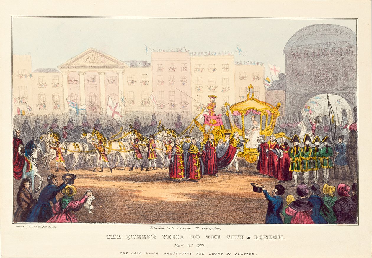 Kuningatar Victoria saapumassa Lontoon Cityyn Temple Barissa, kaiverrus G. Tregear, 1837 tekijältä English School