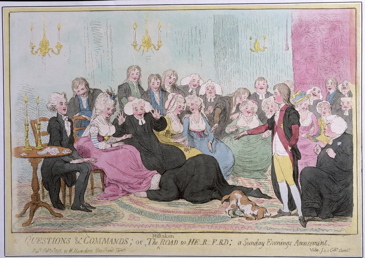 Kysymyksiä ja komennot eli The Mistaken Road to H-r-f-rd: a Sunday Evenings Amusement, julkaisija Hannah Humphrey vuonna 1788 (käsinvärinen etsaus) tekijältä English School