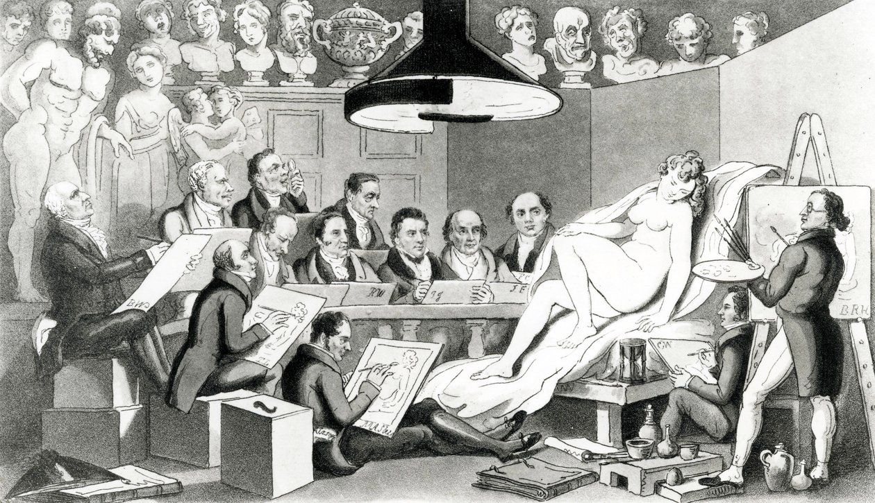 R. A.s of Genius pohtii kauneuden todellista linjaa Life Academy Somerset Housessa, julkaisija Sherwood, Jones & Co., 1824 tekijältä English School