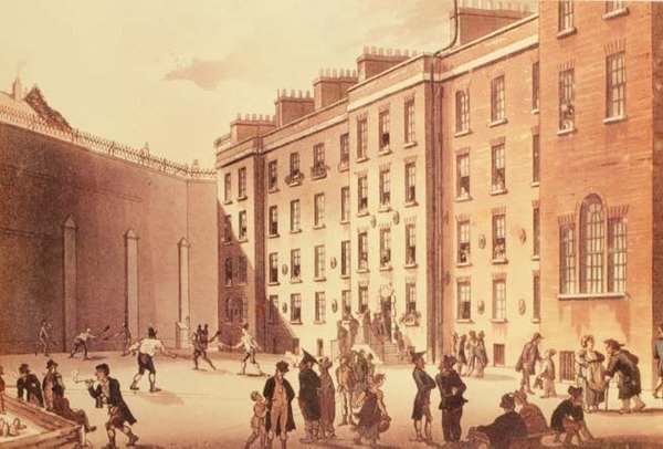 Mailat Fleet Prisonissa, kuvitus "London Lifesta", pub. 1809 (litho) tekijältä English School
