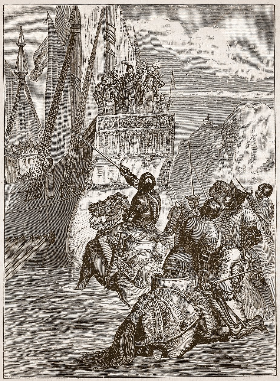 Keisari Sigismundin vastaanotto, kuvitus Cassells Illustrated History of Englandista (seepiakuva) tekijältä English School