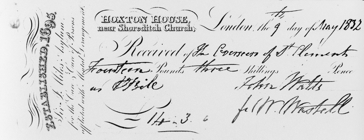 Sir Jonathan Milesin Hoxton Housen turvapaikan vastaanottama maksukuitti, 1832 (muste painetulle paperille) tekijältä English School
