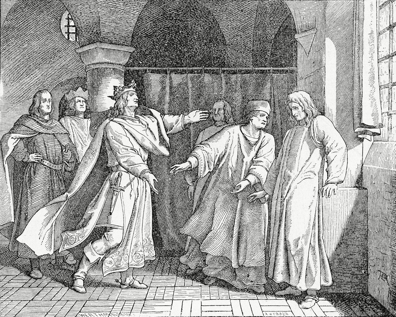 Roomalaisten kuninkaan Ludvig IV:n sovinto Saksan kuninkaan Frederick Kauniin kanssa vuonna 1325, 1882 tekijältä English School