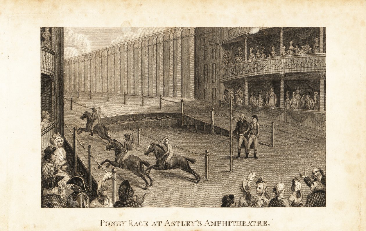 Regency-yleisö teatterilaatikoissa ja kojuissa katsomassa hevoskilpailua Astley