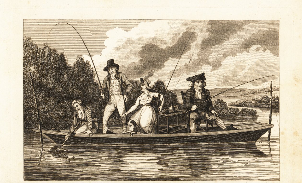 Regency herrat ja nainen kalastavat Thames-joella tekijältä English School