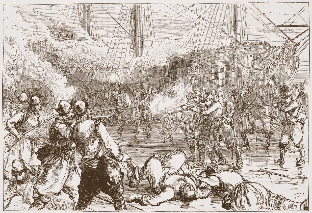 Espanjalaisten sotilaiden karkotus Amsterdamissa, kuvitus James Aitken Wylien (1808-1890) Protestantismin historiasta, pub. 1878 tekijältä English School