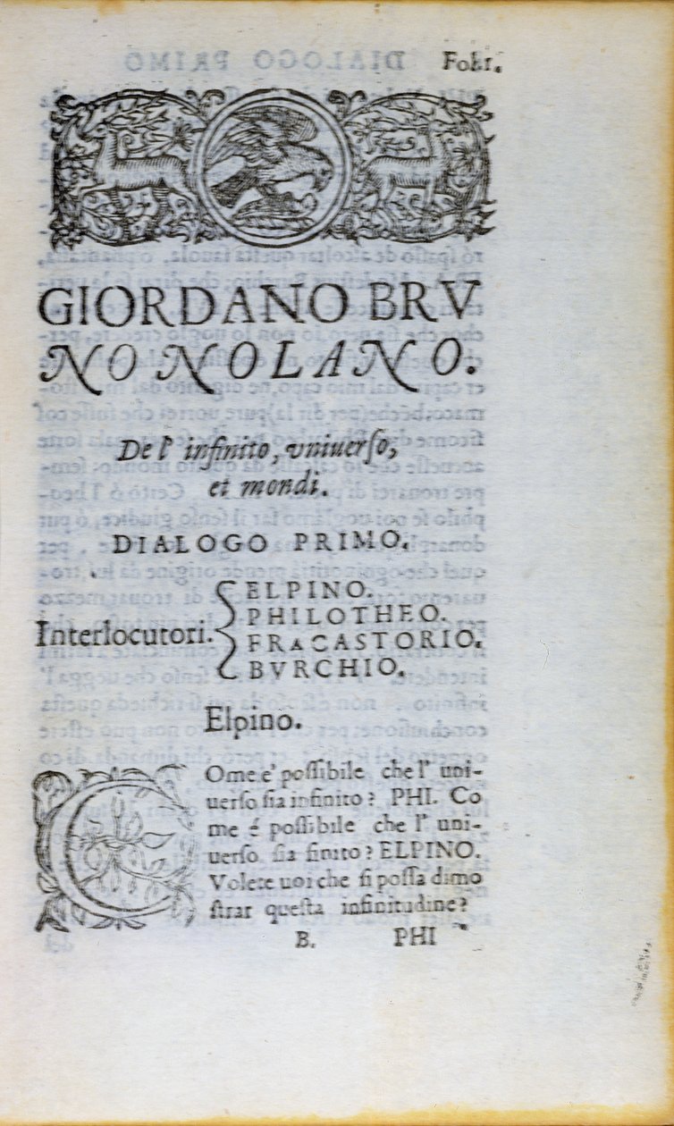 Res 28610 Giordano Brunon De lInfinito Universo et Mondin ensimmäinen sivu, julkaistu Lontoossa, 1584 (painettu paperi) tekijältä English School
