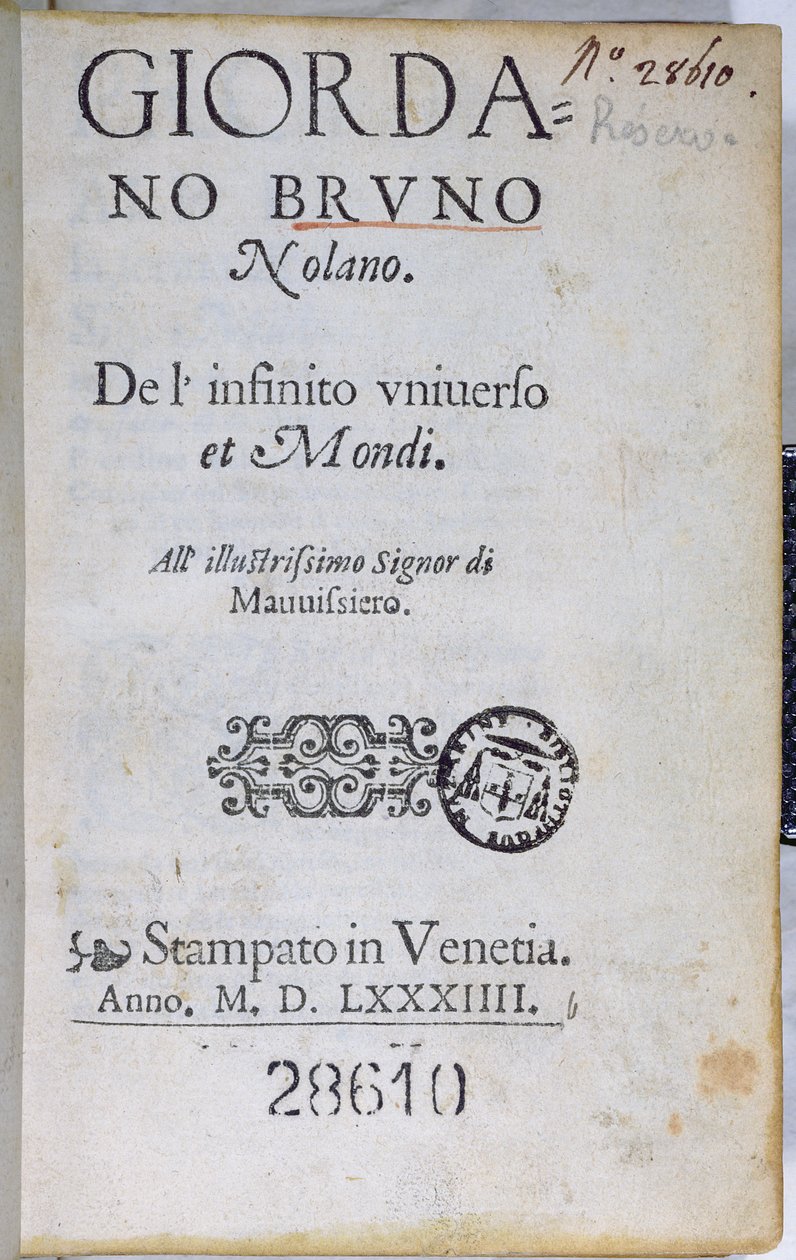 Res 28610 Giordano Brunon De lInfinito Universo et Mondin nimisivu, julkaistu Lontoossa, 1584 (painettu paperi) tekijältä English School