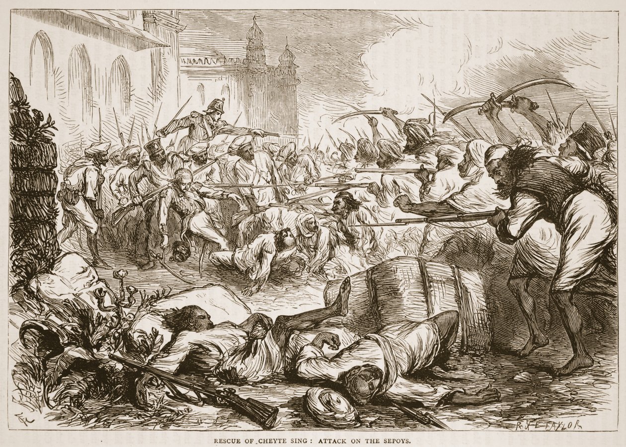 Rescue of Cheyte Sing: hyökkäys sepoysiin, kuvitus James Grantin Cassells Illustrated History of Indiasta, pubi. 1879 tekijältä English School