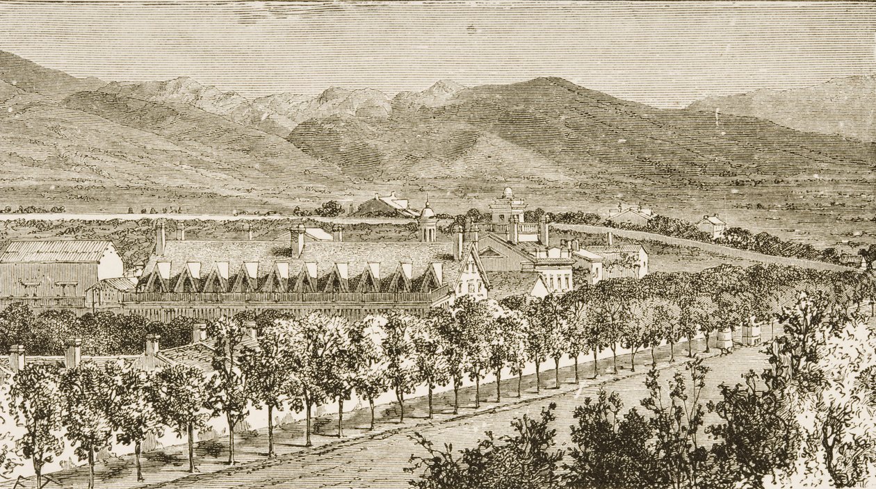 Brigham Youngin (1801-77) mormonikirkon toisen presidentin asuinpaikka Salt Lake Cityssä, Utahissa, The Religious Tract Societyn julkaisemasta American Picturesista, 1876 tekijältä English School