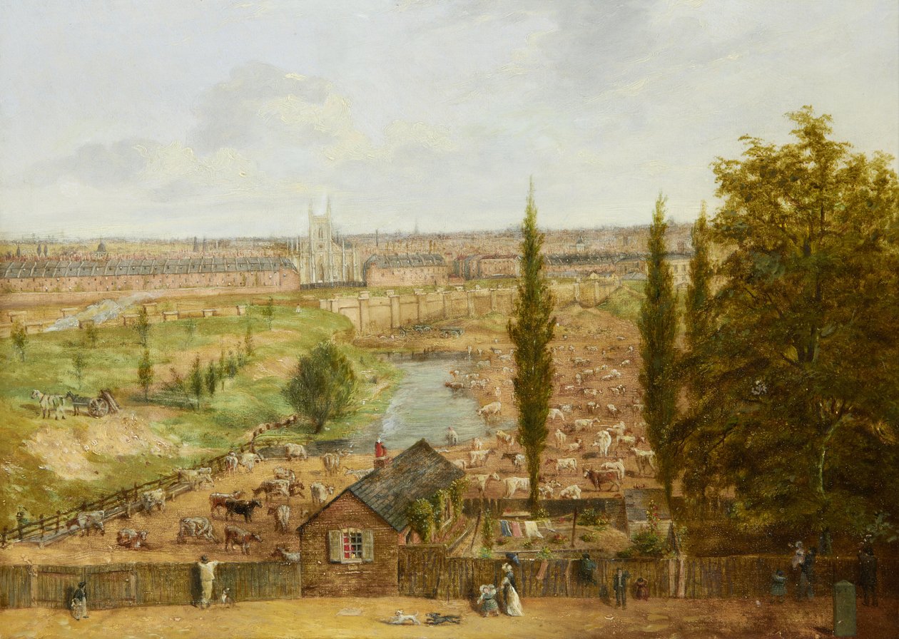 Rhobess Farm vuonna 1844 (nykyisin Ampthill Square Camdenissa, Lontoossa); on merkintä "Kaikki, mikä jäi vuonna 1844 kerran juhlittu Rhobess Farm Hampstead Road, nyt Ampthill Square" (tarrassa toisessa); öljy paneelille; 33 x 45,5 cm tekijältä English School