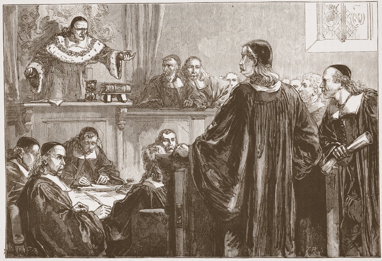 Richard Baxter tuomari Jeffreysin edessä, kuvitus James Aitken Wylien (1808-1890) teoksesta The History of Protestantism, pub. 1878 tekijältä English School