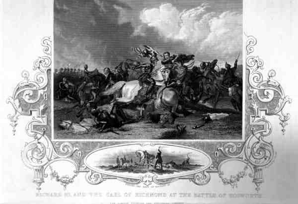Richard III ja Earl of Richmond Bosworthin taistelussa (kaiverrus) tekijältä English School
