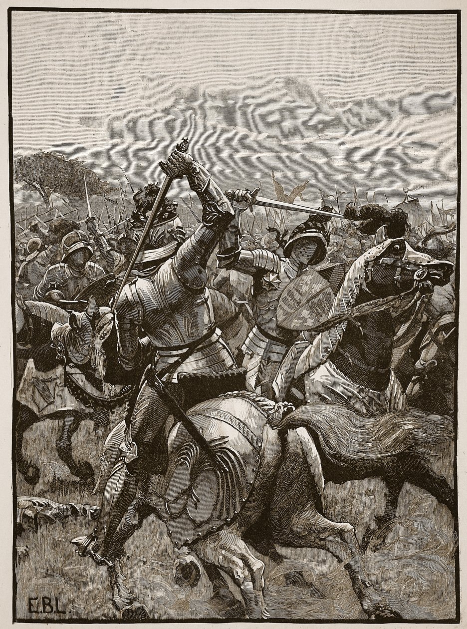 Richard III Bosworthin taistelussa, kuvitus Cassells Illustrated History of Englandista (seepiakuva) tekijältä English School