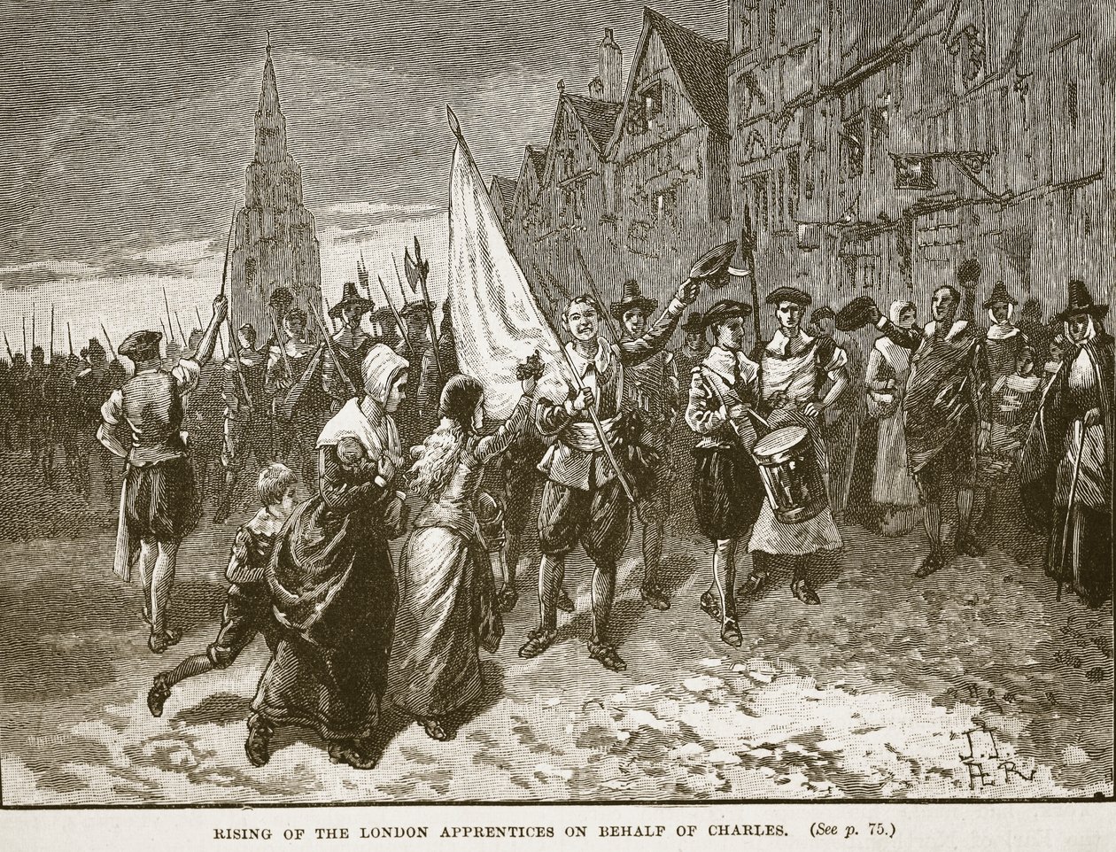 Lontoon oppipoikien nousu Charlesin puolesta, kuvitus Cassells Illustrated History of Englandista (seepiakuva) tekijältä English School