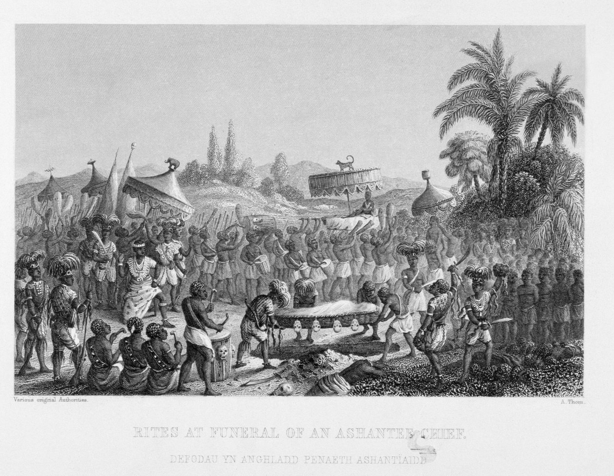Rites at Funeral of an Ashantee Chief, kaiverrettu A. Thorn, World Religion -julkaisusta, julkaisija A. Fullarton & Co. tekijältä English School