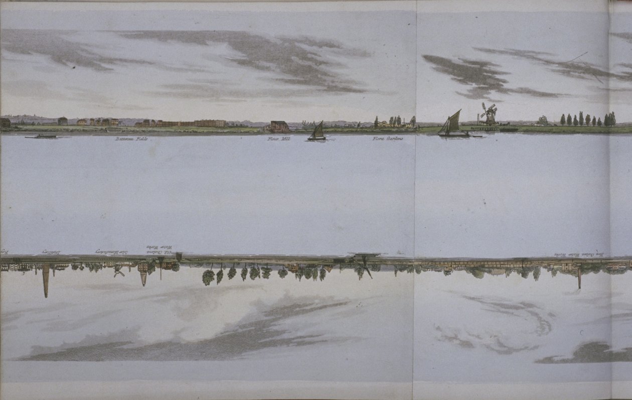 Thames-joen panoraama, n. 1829 (akvatinta) tekijältä English School