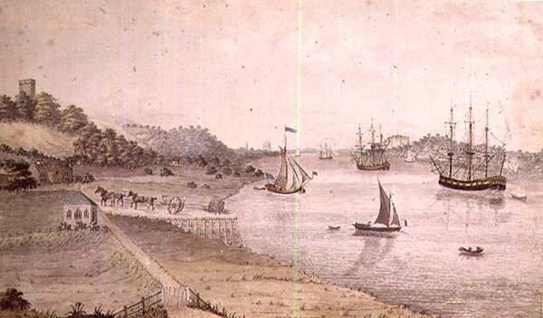 Jokimaisema, merenkulku ja Dover Coach, n. 1800 (kynä ja pesu) (72977-pari) tekijältä English School