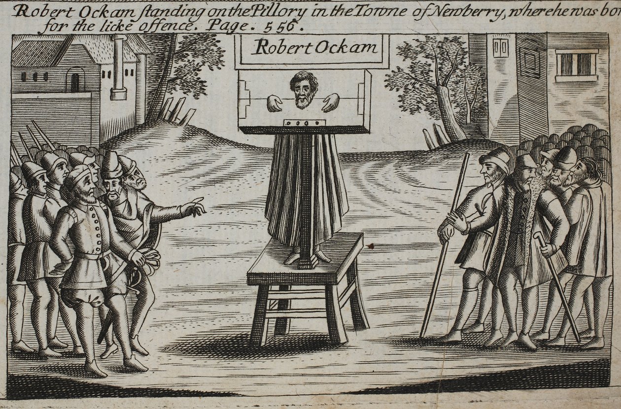 Robert Ockam seisoo pillerin päällä Newberryn kaupungissa, jossa hän syntyi, kuvitus John Foxen teoksesta Acts and Monuments, yhdeksäs painos, pubi. 1684 tekijältä English School