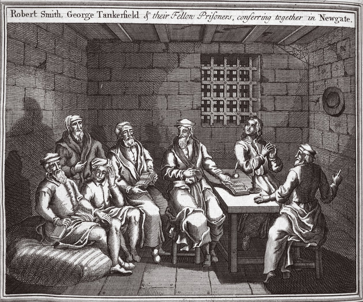Robert Smith, George Tankerfield ja heidän vankitoverinsa neuvottelemassa Newgatessa, kuva Foxes Martyrsista n. 1703 tekijältä English School