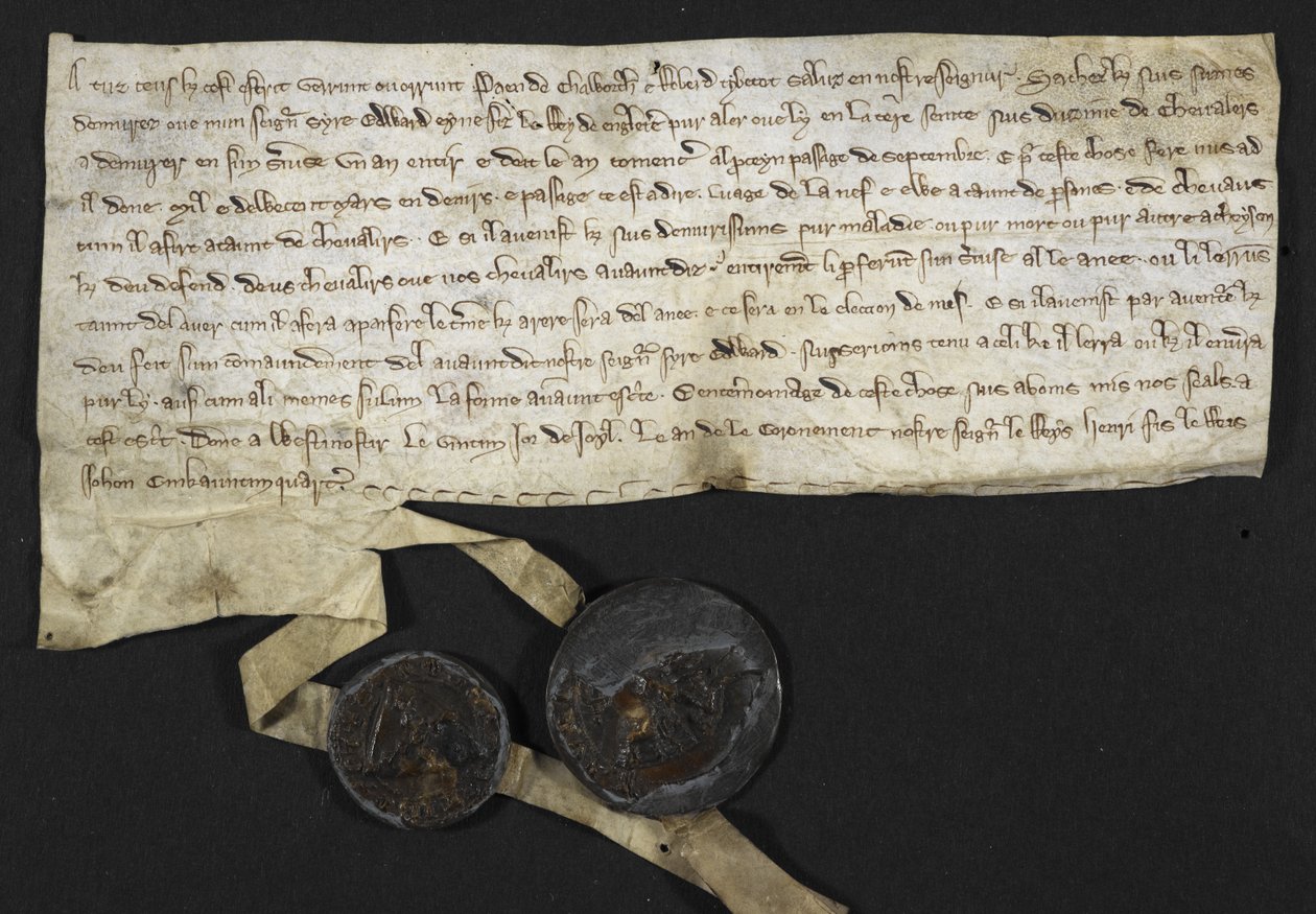 Robert Tybetot: Sitoumus palvella Pyhässä maassa: 1270. Paen de Chaworth: Sitoumus palvella Pyhässä maassa: 1270 (muste pergamentille) tekijältä English School