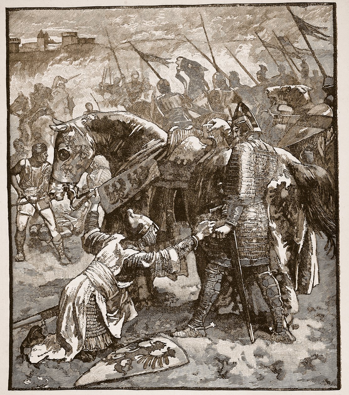 Robert pyytää anteeksi isältään, kuvitus Cassells Illustrated History of Englandista (seepiakuva) tekijältä English School