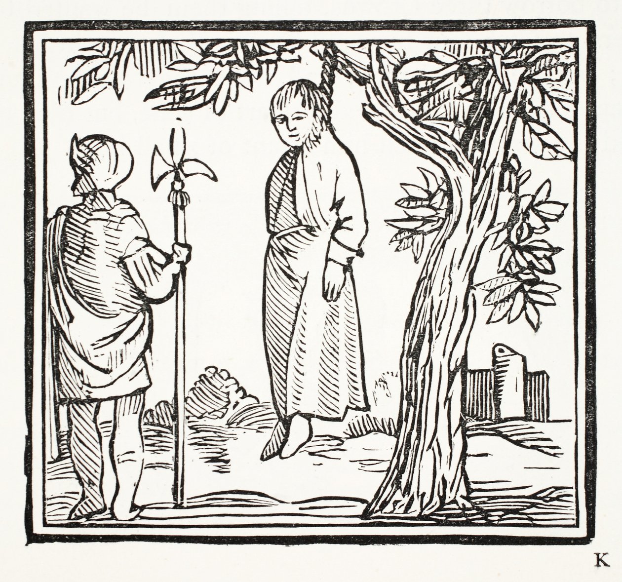 Robert hirttää itsensä, piirros John Ashtonin pubista Chap-books of the Eightenth Century. 1882 tekijältä English School