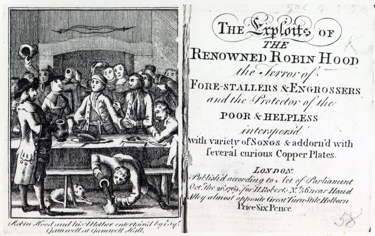 Robin Hoodia ja hänen äitiään viihdyttää Esq Gamnell Gamnell Hallissa, 1769 julkaistun The Exploits of the Reowned Robin Hoodin etukappale (painettu) tekijältä English School